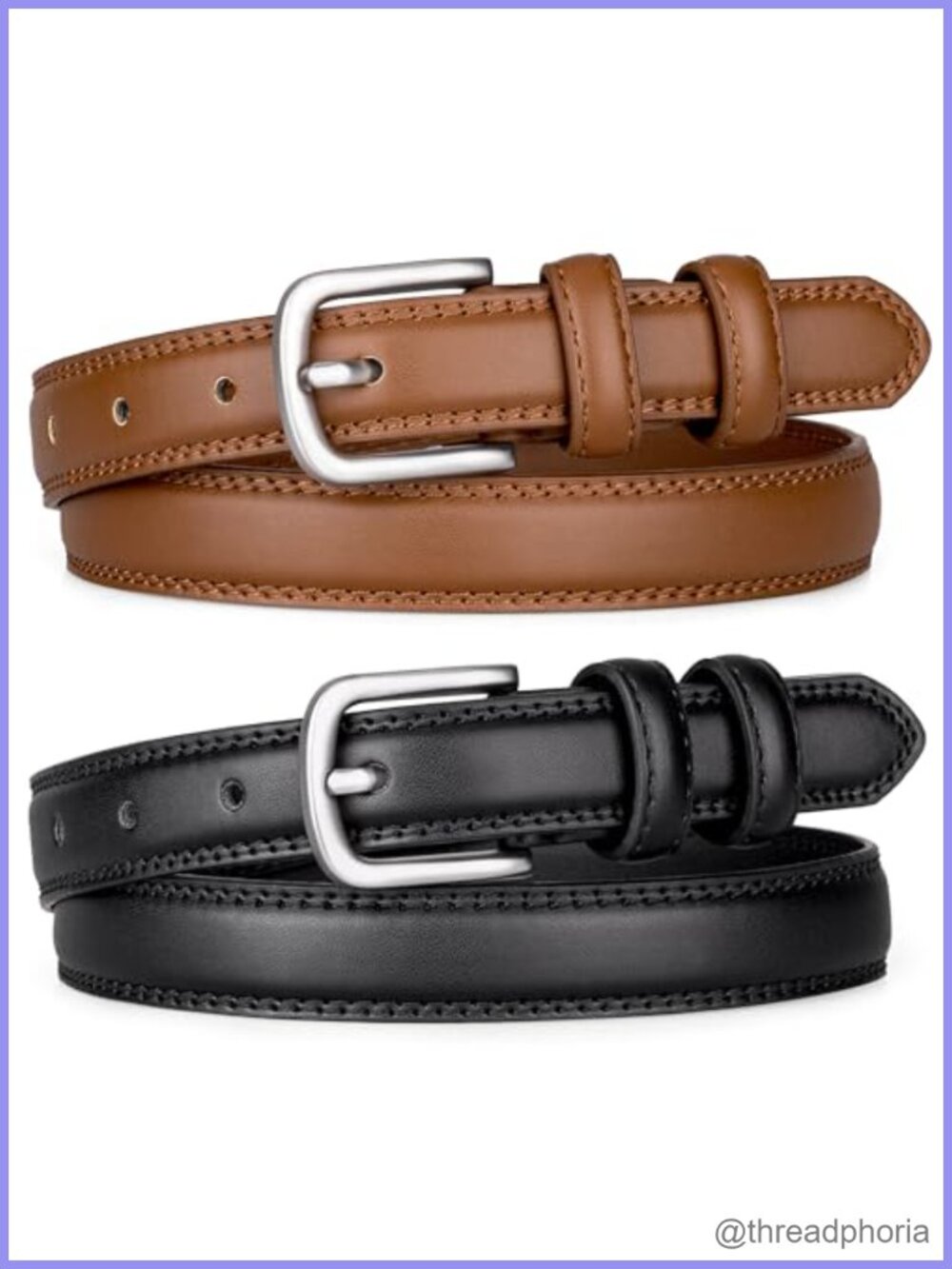 2 Pack Faux Leather Belts for Women 0.98" Wide Silver-Tone Buckle Adjustable